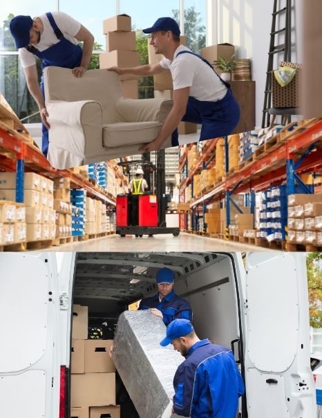 The image has three sections the first showing two men wrapping a sofa, the second showing a warehouse, and the third showing two men unloading a truck.